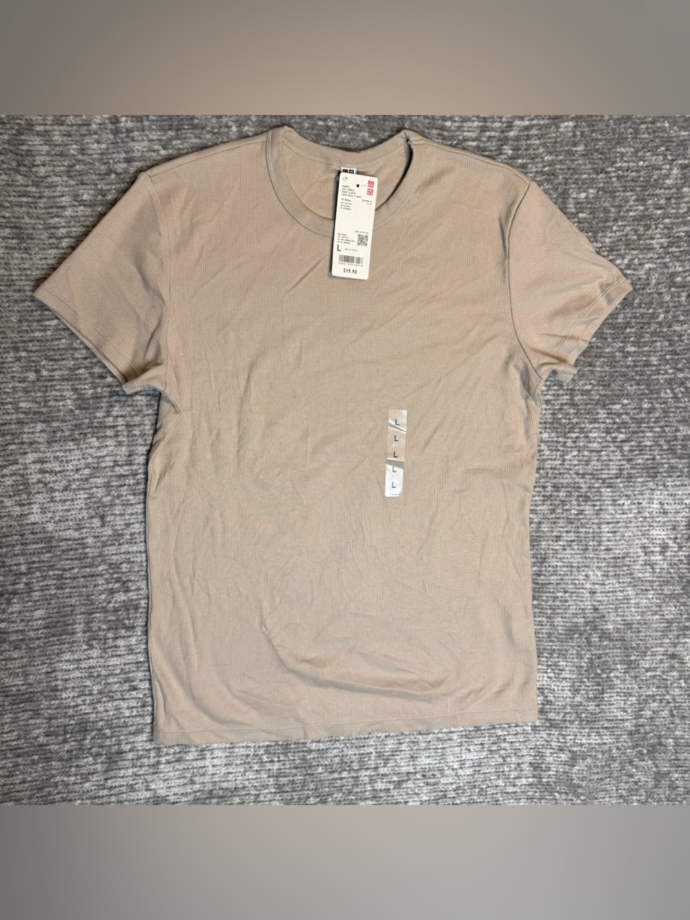 Uniqlo Ribbed Crew Neck Tee Beige Short Sleeve Stretch NWT L